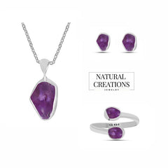 925 Sterling Silver Natural Rough Amethyst Gift Set Bezel Set Jewelry Pack of 1
