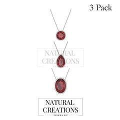 925 Sterling Silver Natural Red Garnet Slider Necklace 18'in Chain Bezel Set Jewelry pack of 3