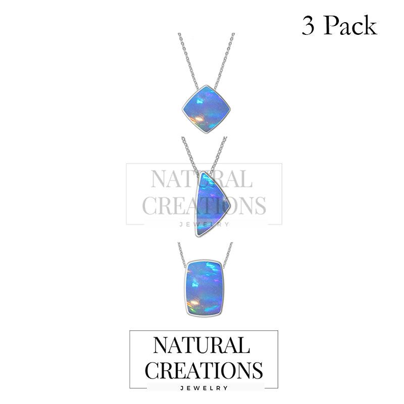 925 Sterling Silver Natural Ethiopian Opal Slider Necklace 18'in Chain Bezel Set Jewelry pack of 3