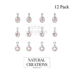 925 Sterling Silver Natural Rose Quartz Cut Stone Pendant Necklace Jewelry Pack of 12