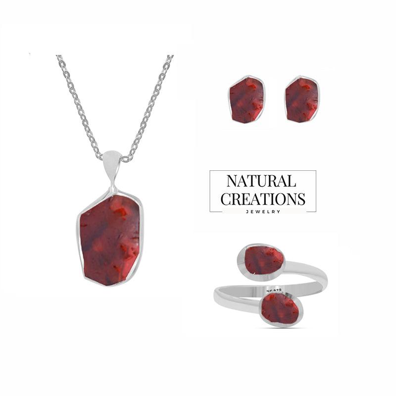 925 Sterling Silver Rough Red Garnet Gift Set Bezel Set Jewelry Pack of 1