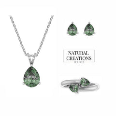 Gift For Her | Green Tourmaline  Jewelry Set Necklace Ring Studs | Green Tourmaline Ring Earring Chain Necklace | Cut Green Tourmaline Silver Jewelry  ( Assorted Shape )