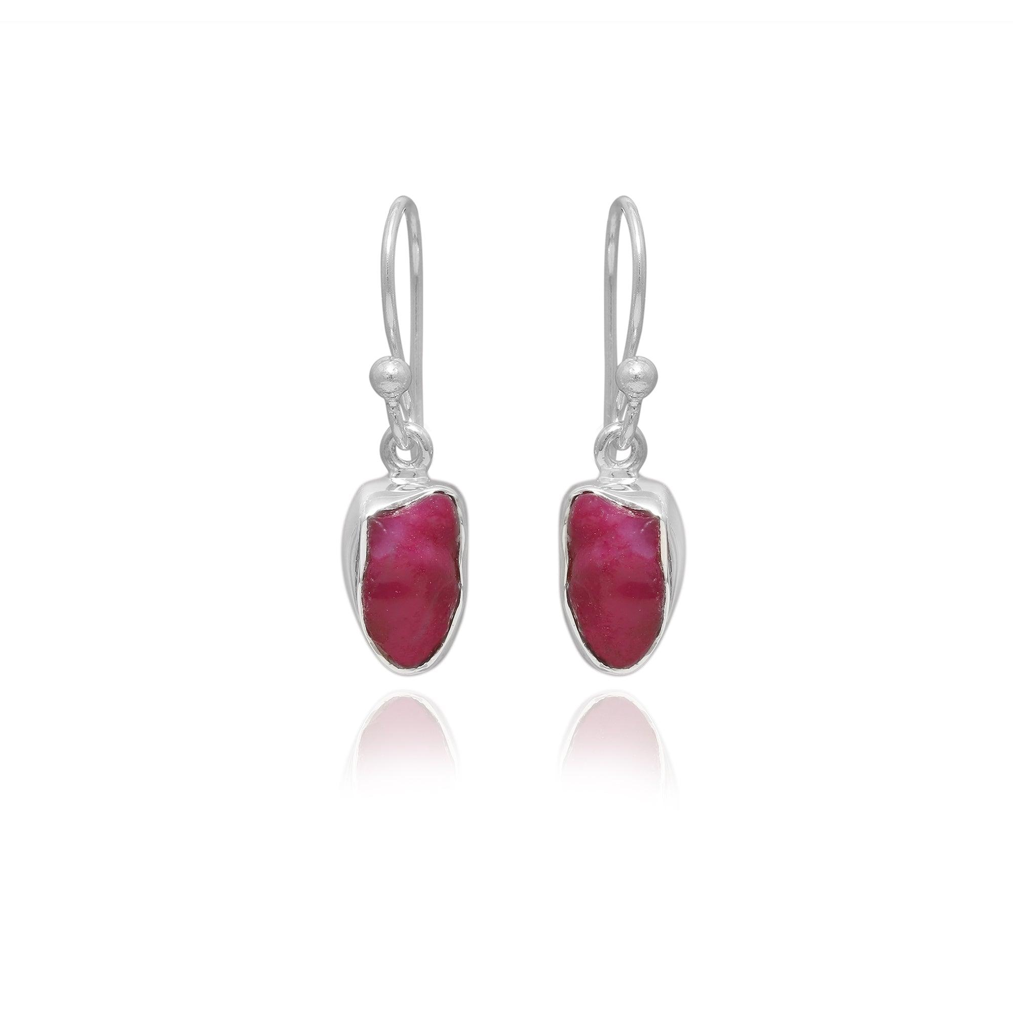 925 Sterling Silver Natural Rough Ruby Dangle Earring Bezel Set Handmade Jewelry Pack Of 1