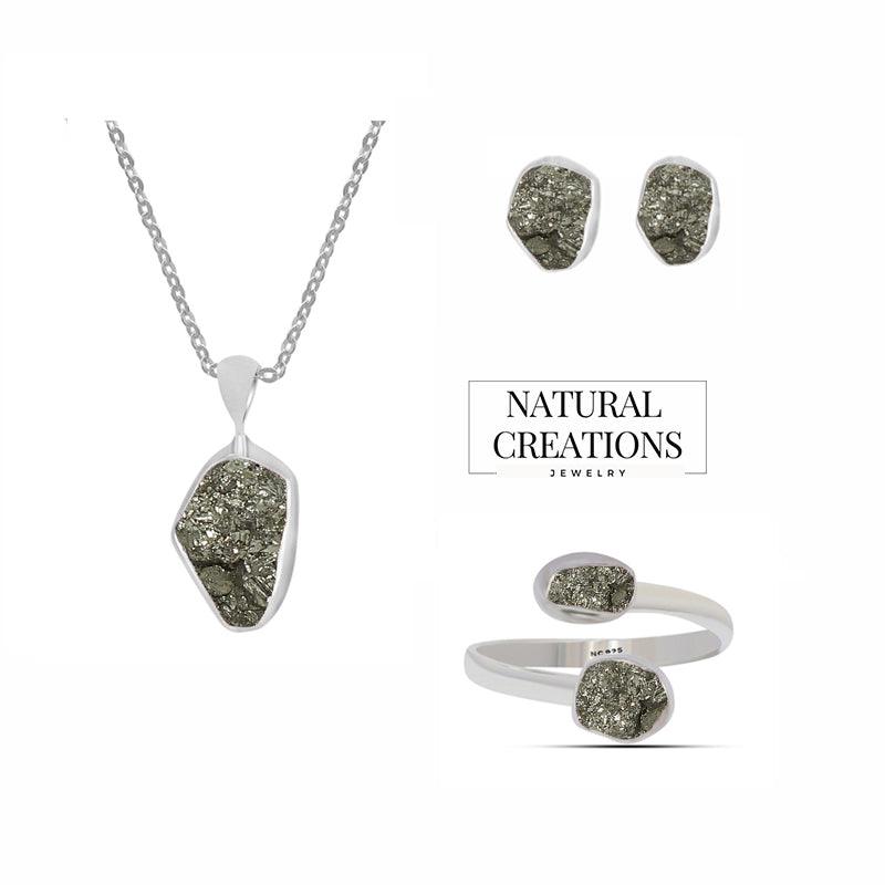 Natural Rough Pyrite Gift Set for Women in Sterling Silver (Pack of 1, Bezel-Set)