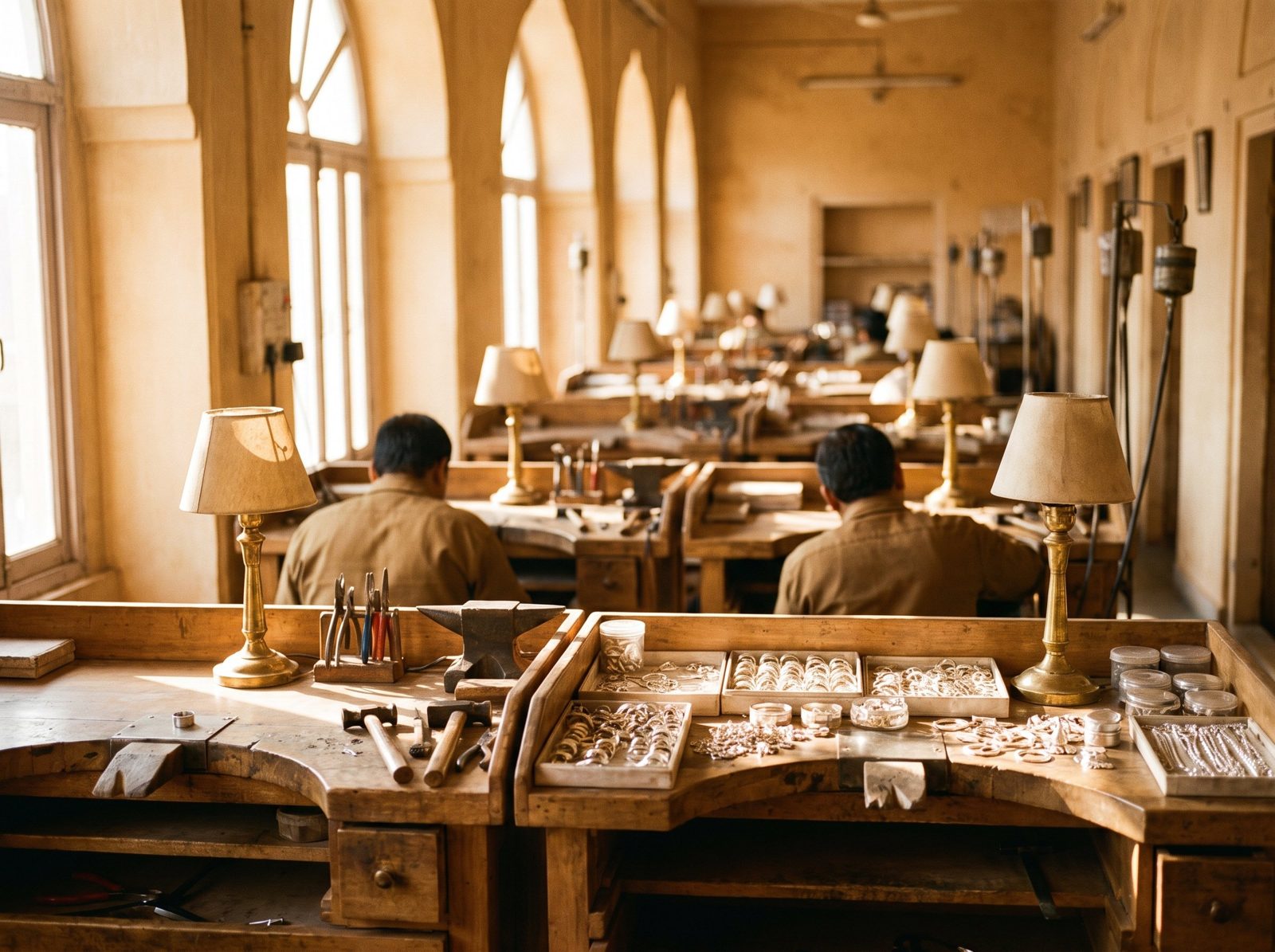 Row of silversmiths' benches in the Jaipur workshop