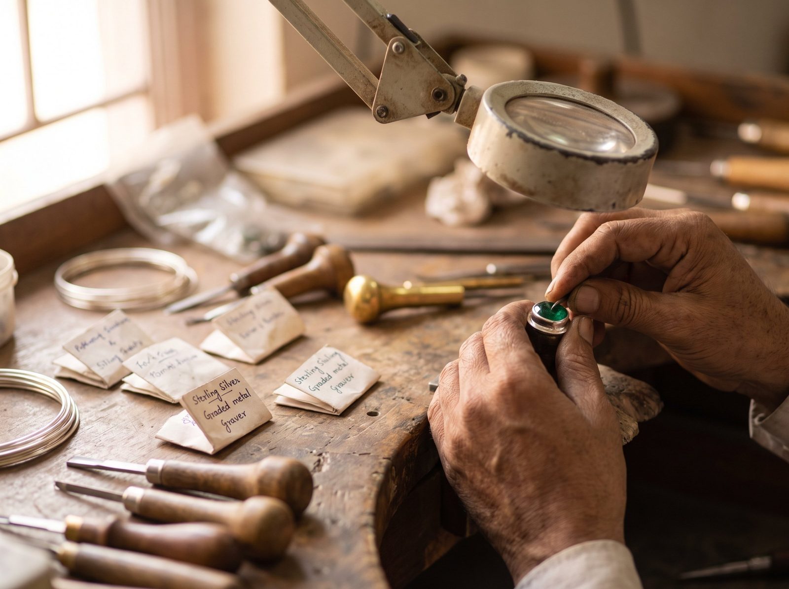 Artisan seating a gemstone into a sterling bezel
